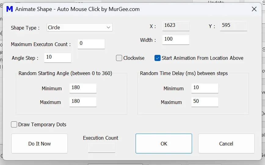 Screenshot displaying Animate Shape Action with available parameters