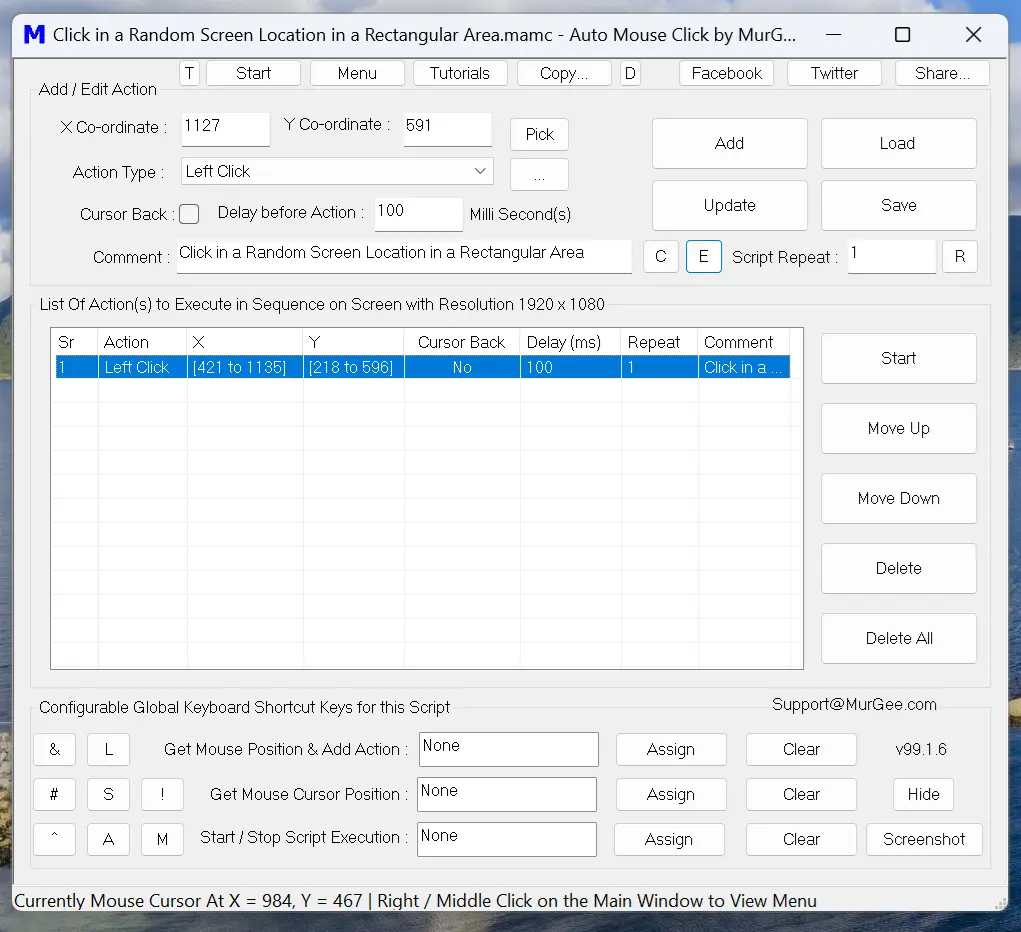 Macro Script Displaying a Left Click Action to be Executed at Random Screen Location bounded with configured Rectangular Screen Area