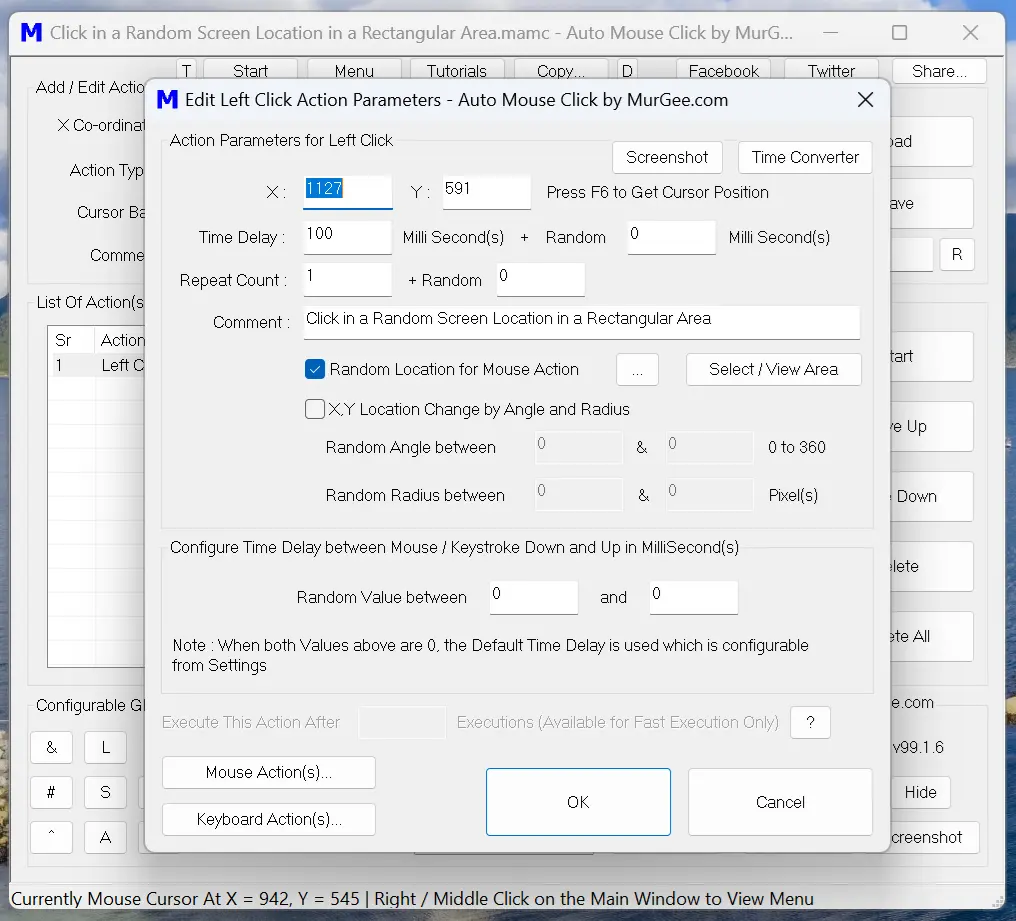 Screenshot displaying Edit Left Click Action Parameters to Configure Random Screen Area for Simulating Left Click