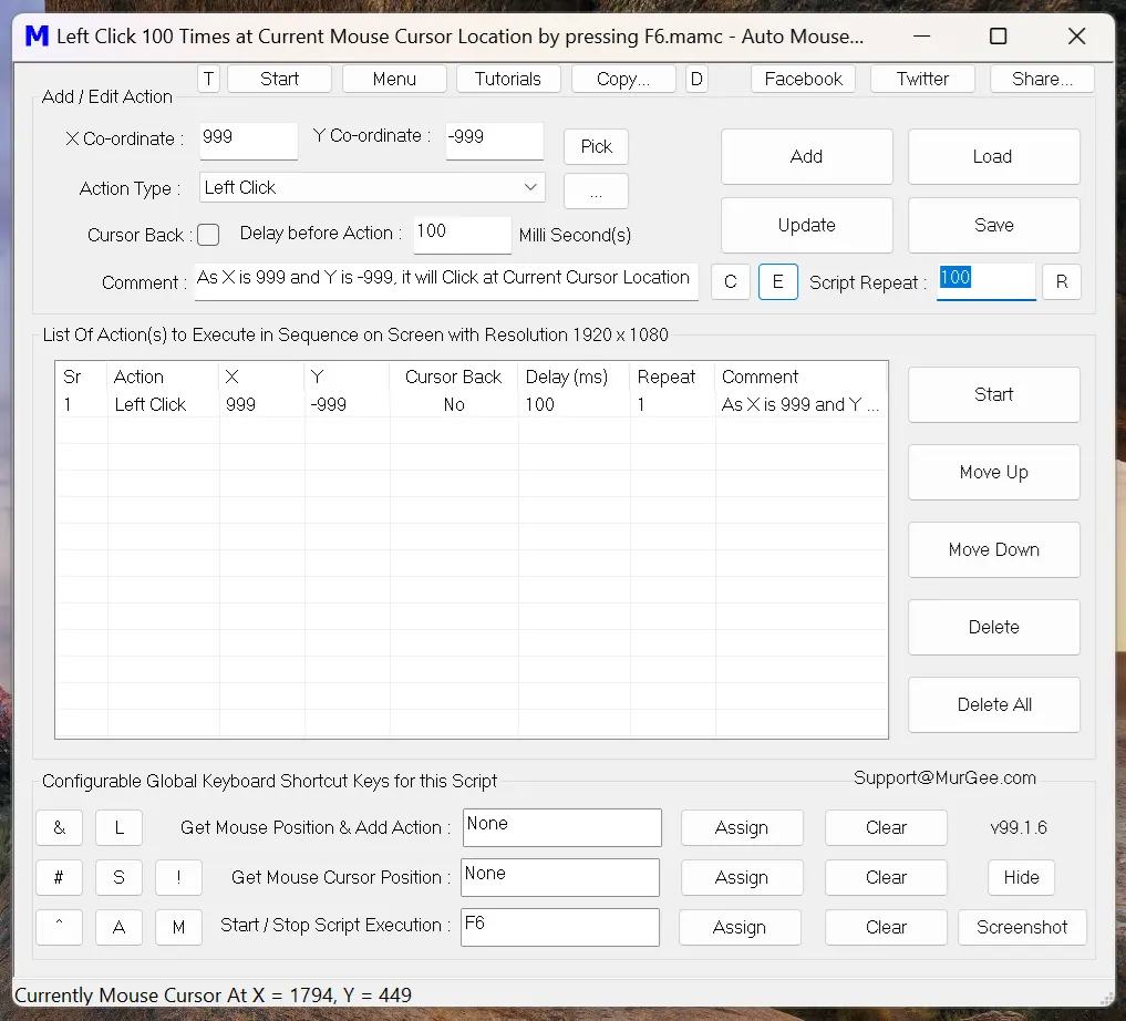 Screenshot of a Script to Left Click 100 Times by pressing F6 Keyboard Shortcut