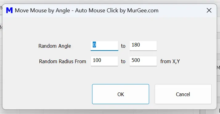 Configurable Parameters of Move Mouse by Angle Action allowing configurable Radius and Angle