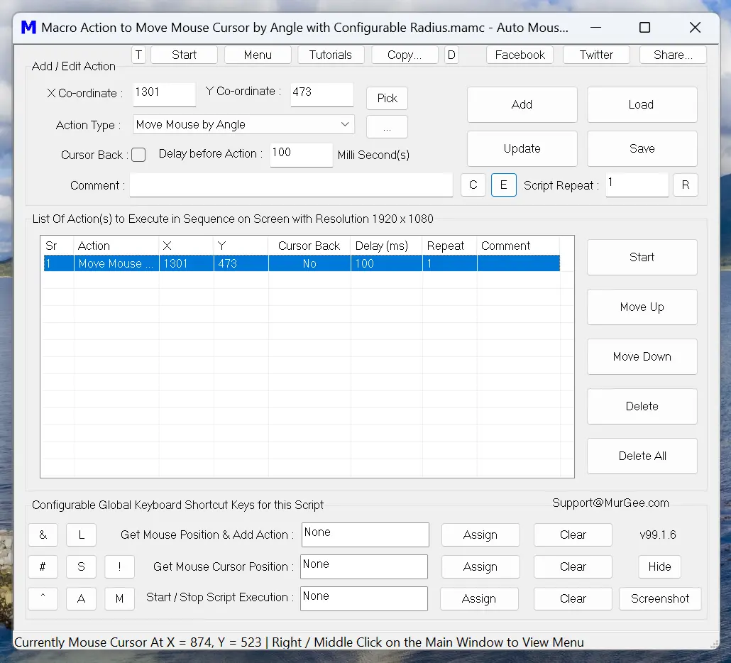 Screenshot displaying a Macro Script to Move Mouse Cursor from Configured Screen Location to new Screen Location Identified with Configured Radius and Angle
