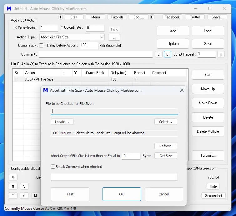 Screenshot displaying Abort Script Execution with File Size Action