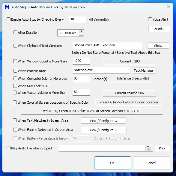 Screenshot of Auto Stop Script Execution Screen displaying ways in which a running Script can be Stopped Automatically
