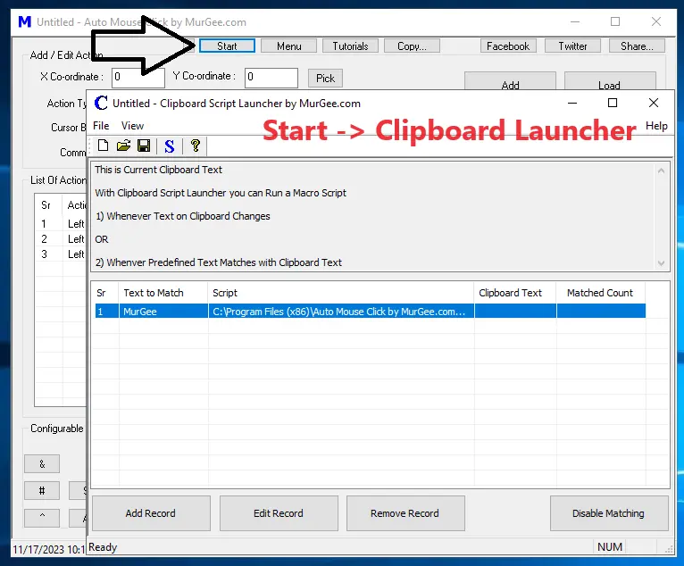 Screenshot Displaying Clipboard Script Launcher to Execute a Macro Script whenever Predefined Text Matches with Clipboard Text