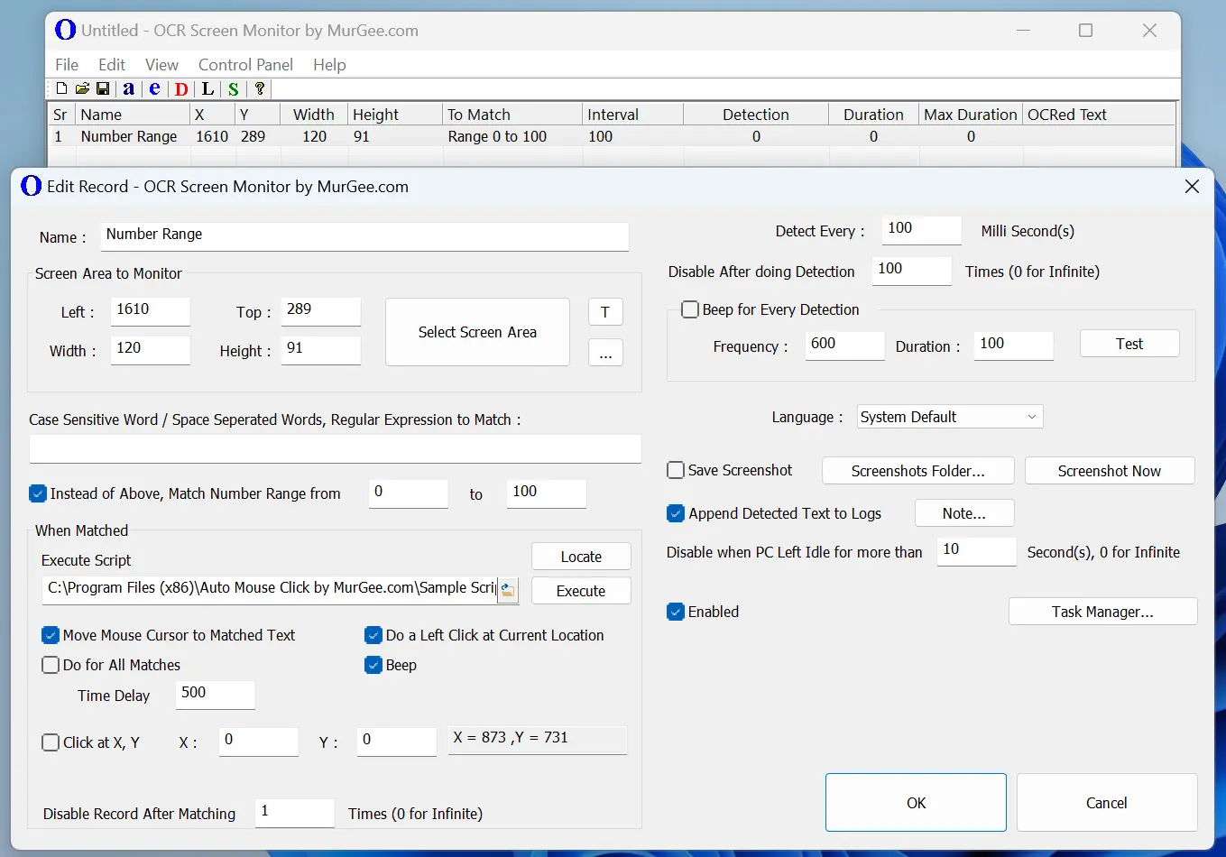 Screenshot of OCR Screen Monitor to Perform Optical Character Recognition and Execute a Macro Script when Screen Area displays a Number within defined Number Range