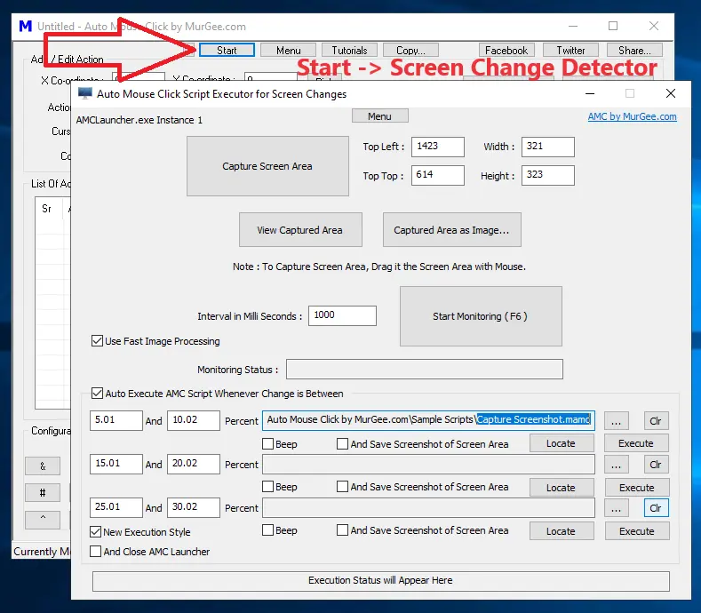 Screenshot Displays Screen Change Detector to Detect Screen Changes and Execute a Macro Script