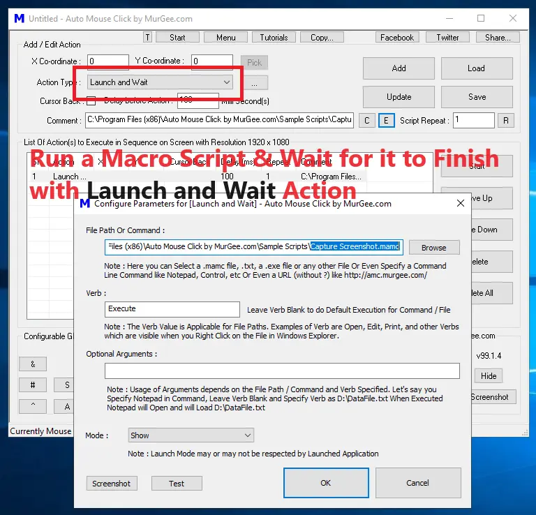 Screenshot displaying Launch and Wait Macro Action to Start Execution of a Macro Script and wait for it to Complete or Finish