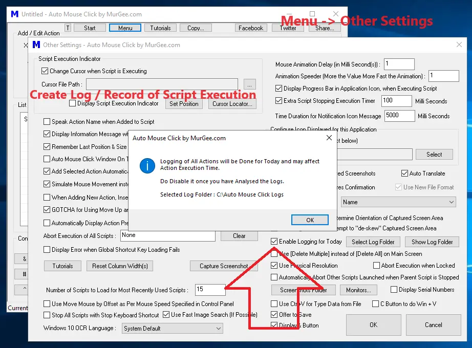 Screenshot of Other Settings Displays How to Enable Logging Script Execution in Text Files