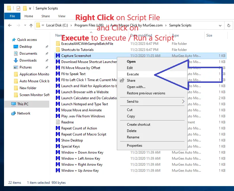 Screenshot displaying a Macro Script File in Windows Explorer and Right Click Menu to Execute a Macro Script