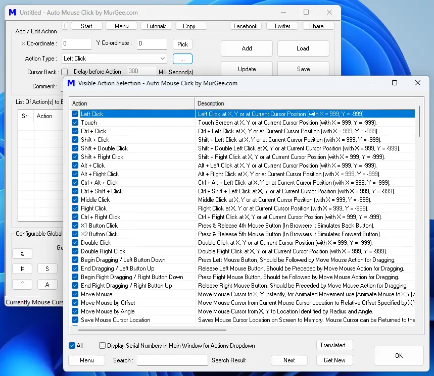 View or Filter Actions in Auto Mouse Click Utility
